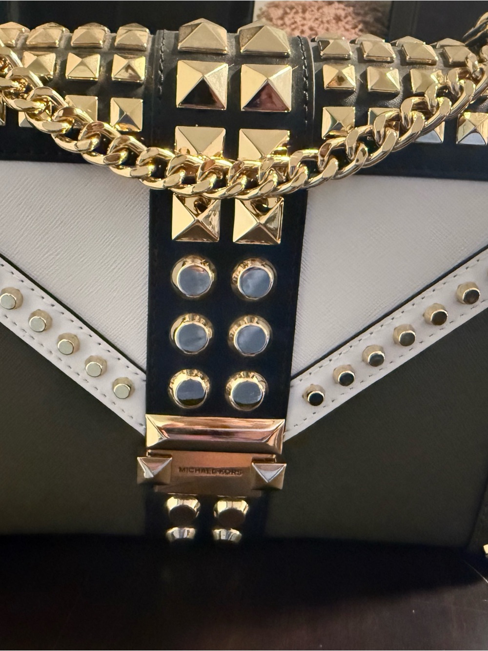Michael Kors Black and White Studded Shoulder Bag with Gold Chain